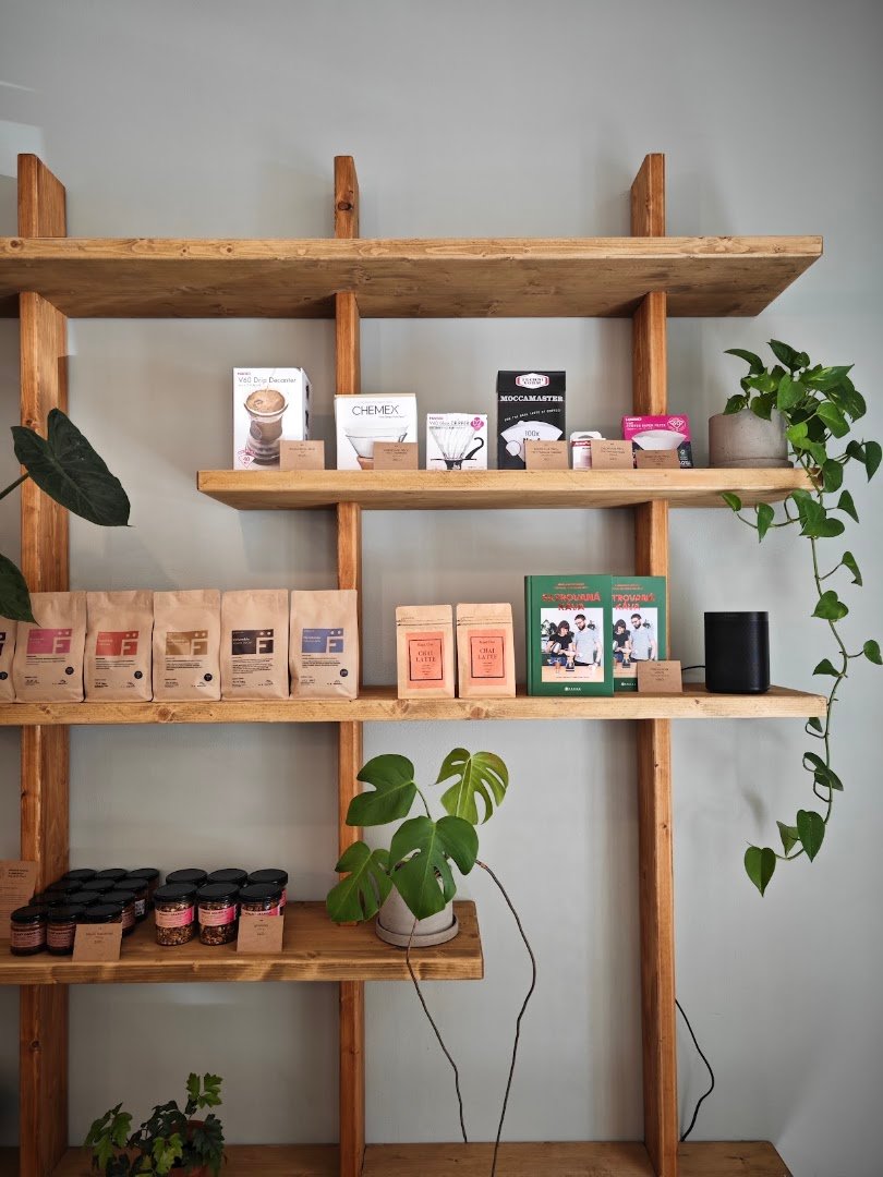 Interior of two dots coffee & pastries, specialty coffee shop in Prague