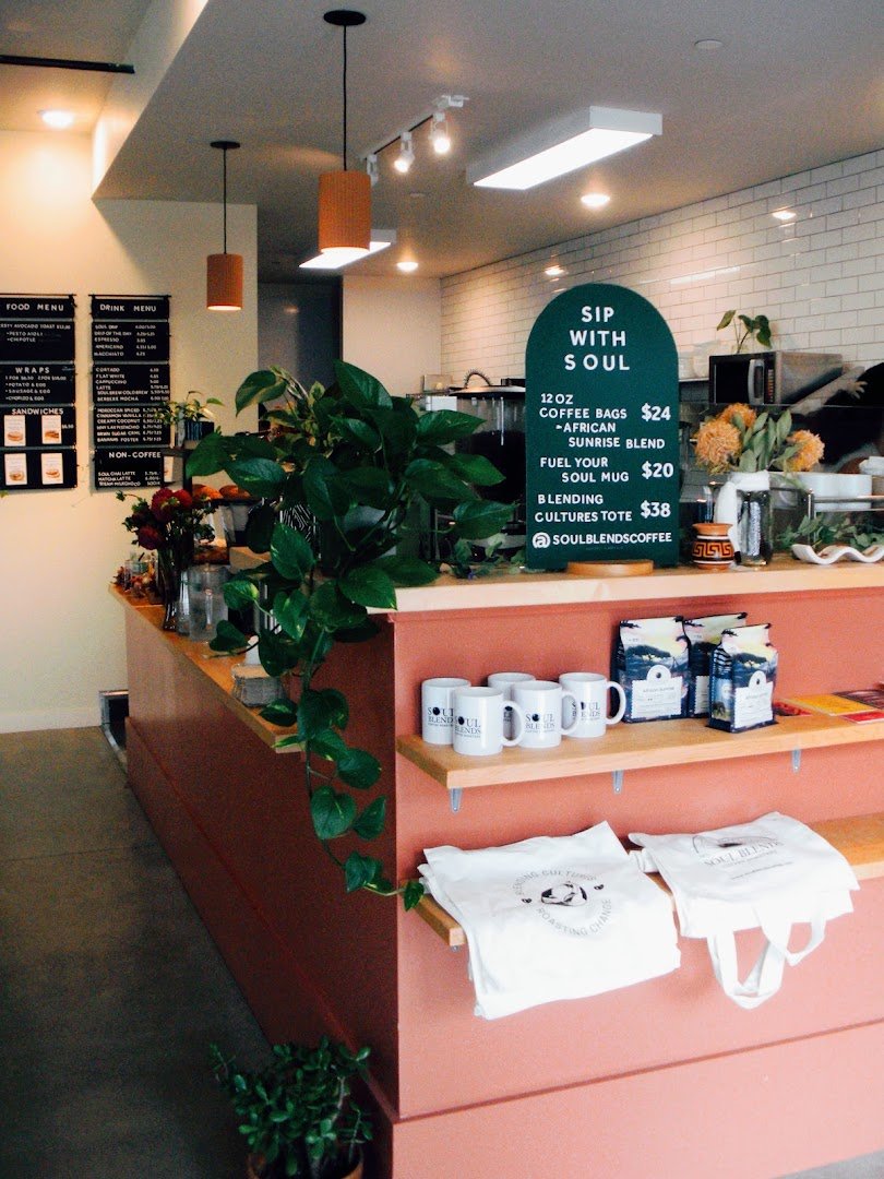 Interior of Soul Blends Coffee Roasters, specialty coffee shop in Oakland