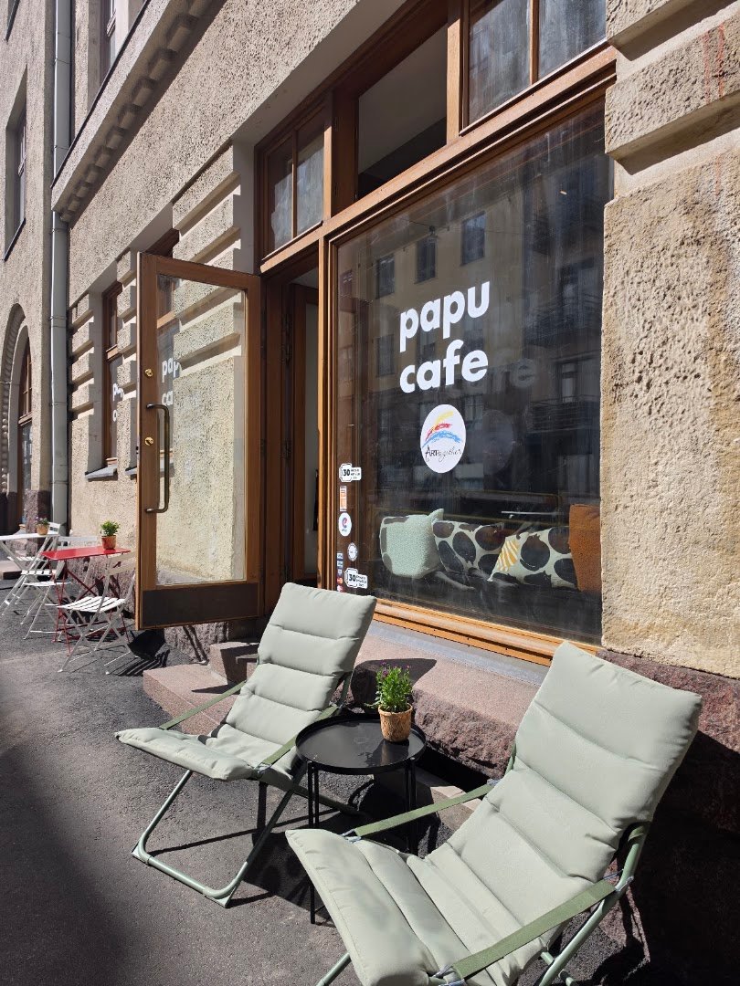 Storefront of Papu Cafe, specialty coffee shop in Helsinki