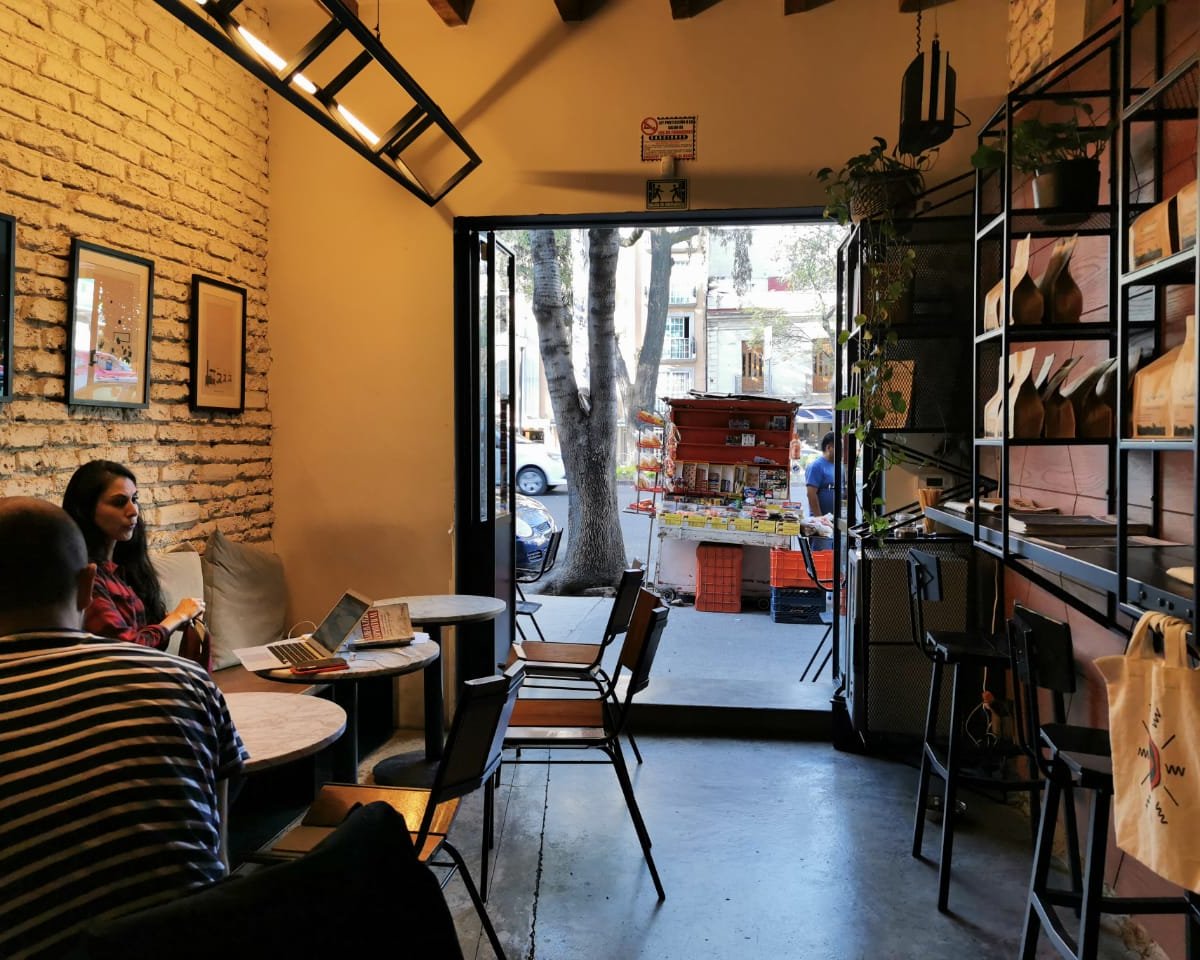 Interior of Qūentin Café, specialty coffee shop in Mexico City