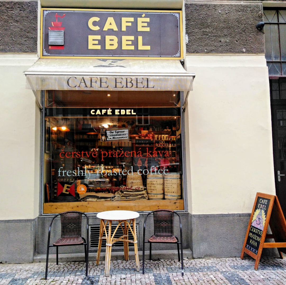 Storefront of Café Ebel, specialty coffee shop in Prague