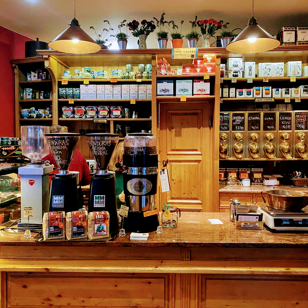 Interior of Café Ebel, specialty coffee shop in Prague