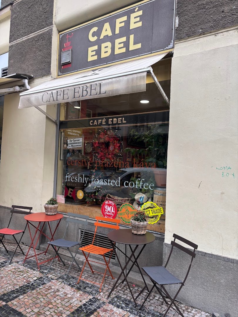 Storefront of Café Ebel, specialty coffee shop in Prague