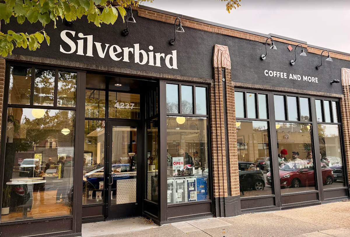 Storefront of Silverbird Coffee & More, specialty coffee shop in Minneapolis