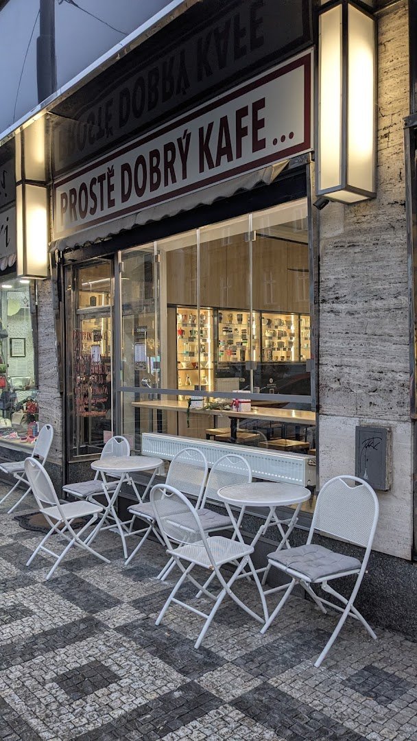 Storefront of Prostě Dobrý Kafe, specialty coffee shop in Prague