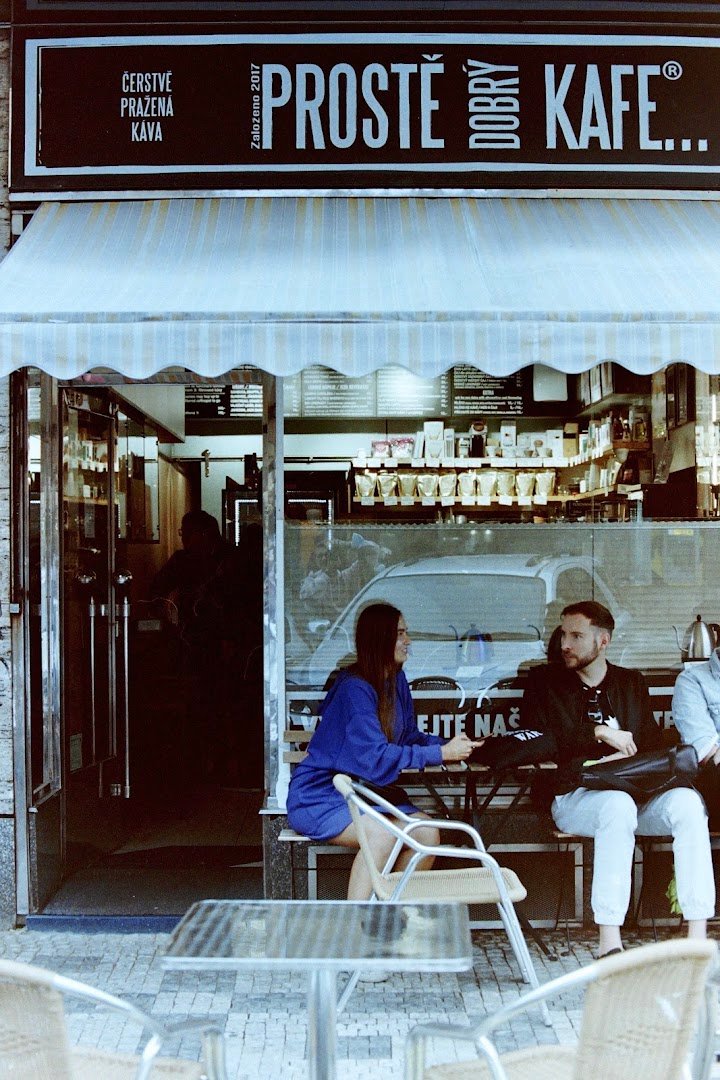 Storefront of Prostě Dobrý Kafe, specialty coffee shop in Prague