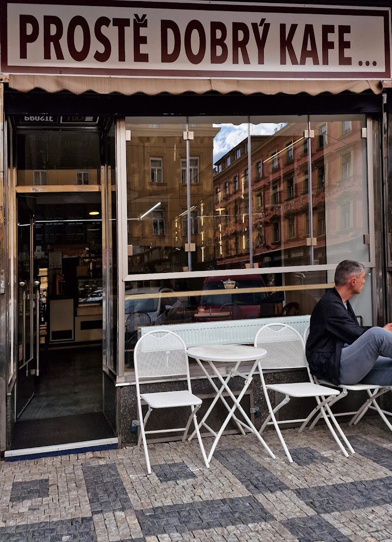 Storefront of Prostě Dobrý Kafe, specialty coffee shop in Prague