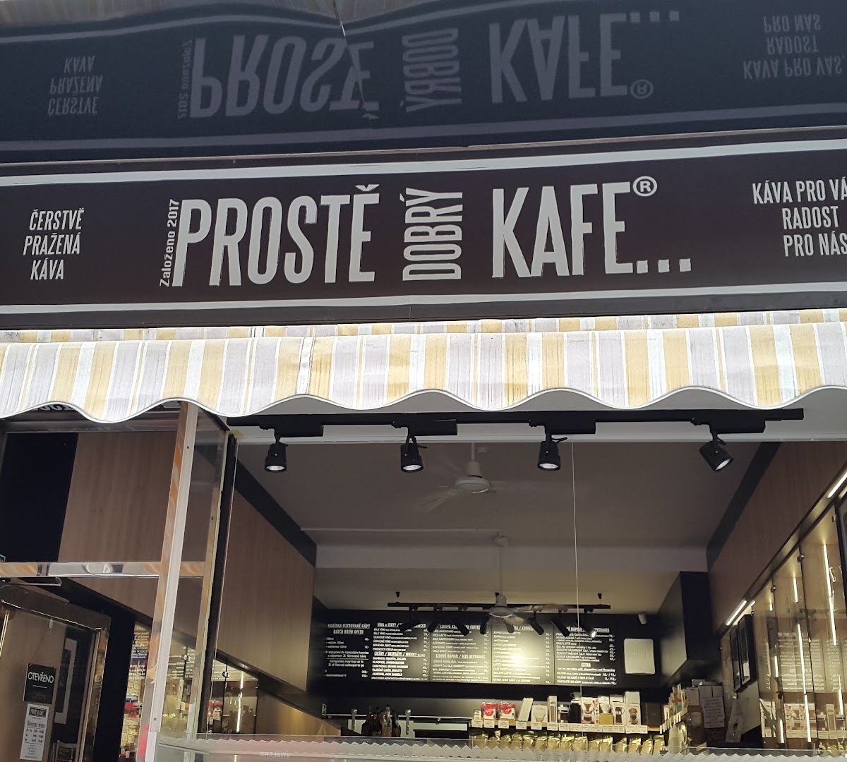 Storefront of Prostě Dobrý Kafe, specialty coffee shop in Prague