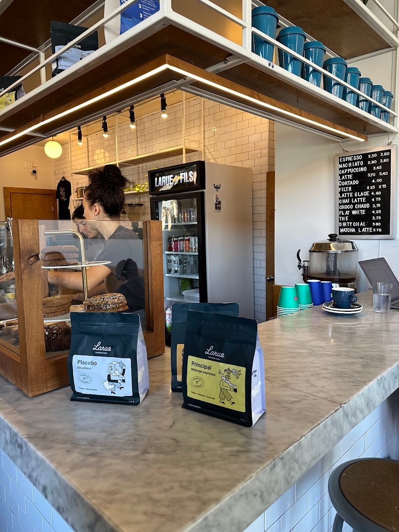 Interior of Cafe Larue & Fils, specialty coffee shop in Montreal