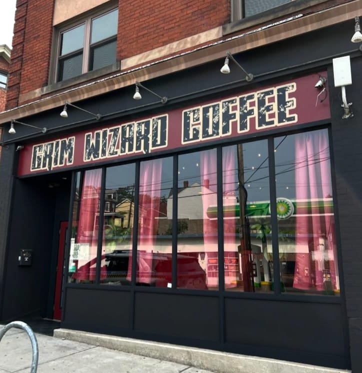 Storefront of Grim Wizard Coffee, specialty coffee shop in Pittsburgh