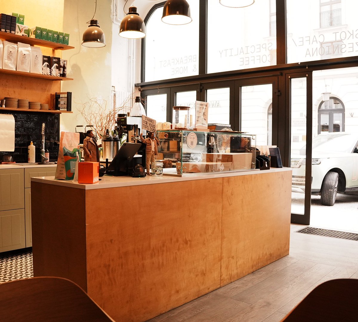 Interior of Łoskot Cafe X Prześniona, specialty coffee shop in Warsaw