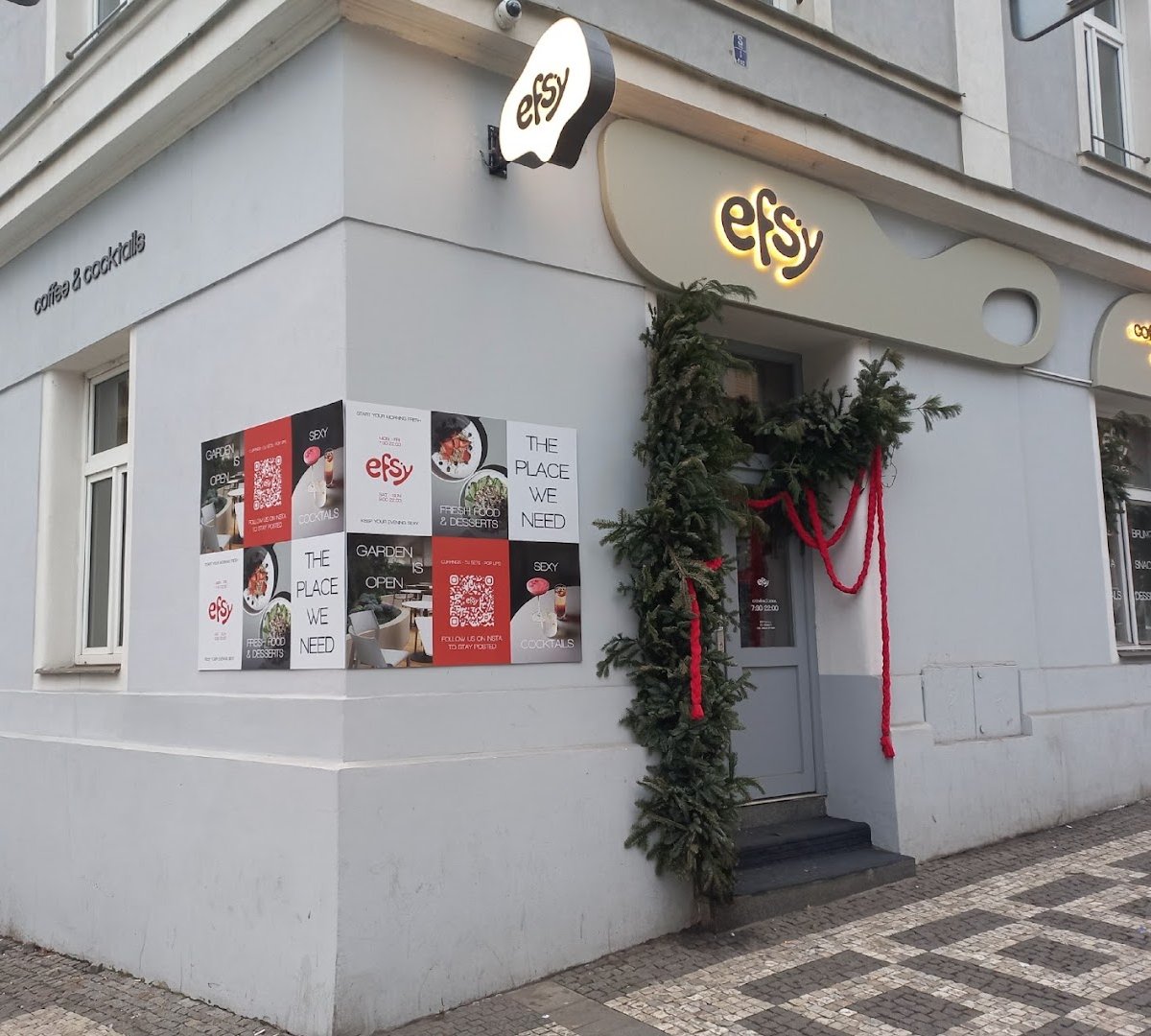 Storefront of EFSY, specialty coffee shop in Prague