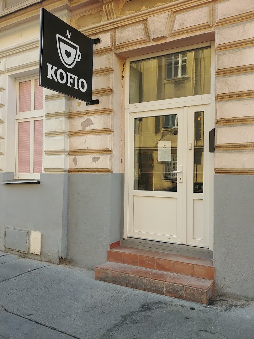 Storefront of KOFIO.cz, specialty coffee shop in Prague