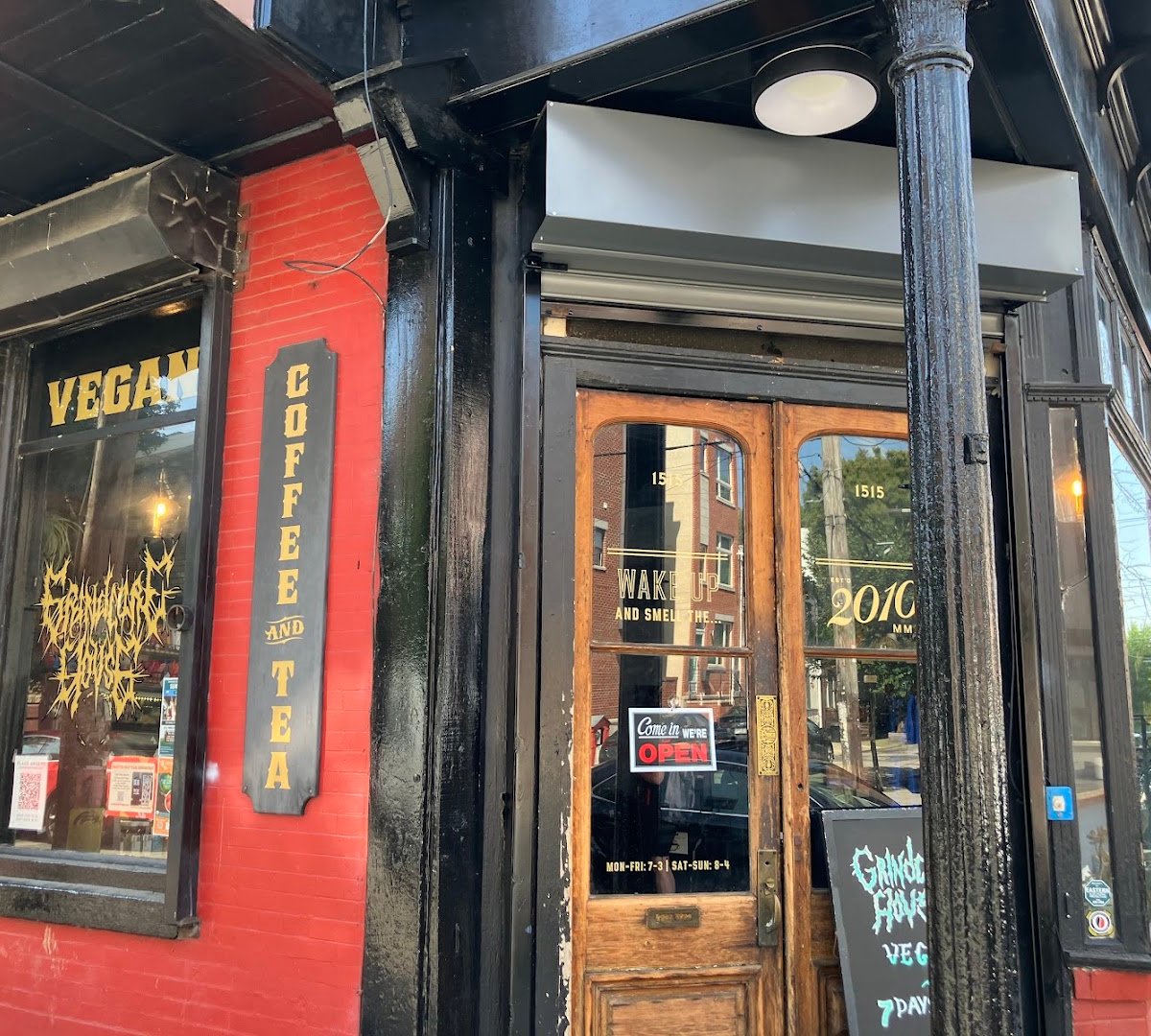 Storefront of Grindcore House, specialty coffee shop in Philadelphia