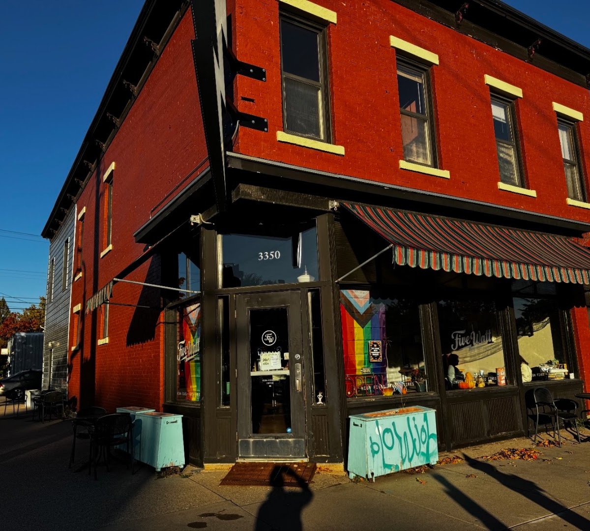 Storefront of Five Watt Coffee, Lyndale, specialty coffee shop in Minneapolis