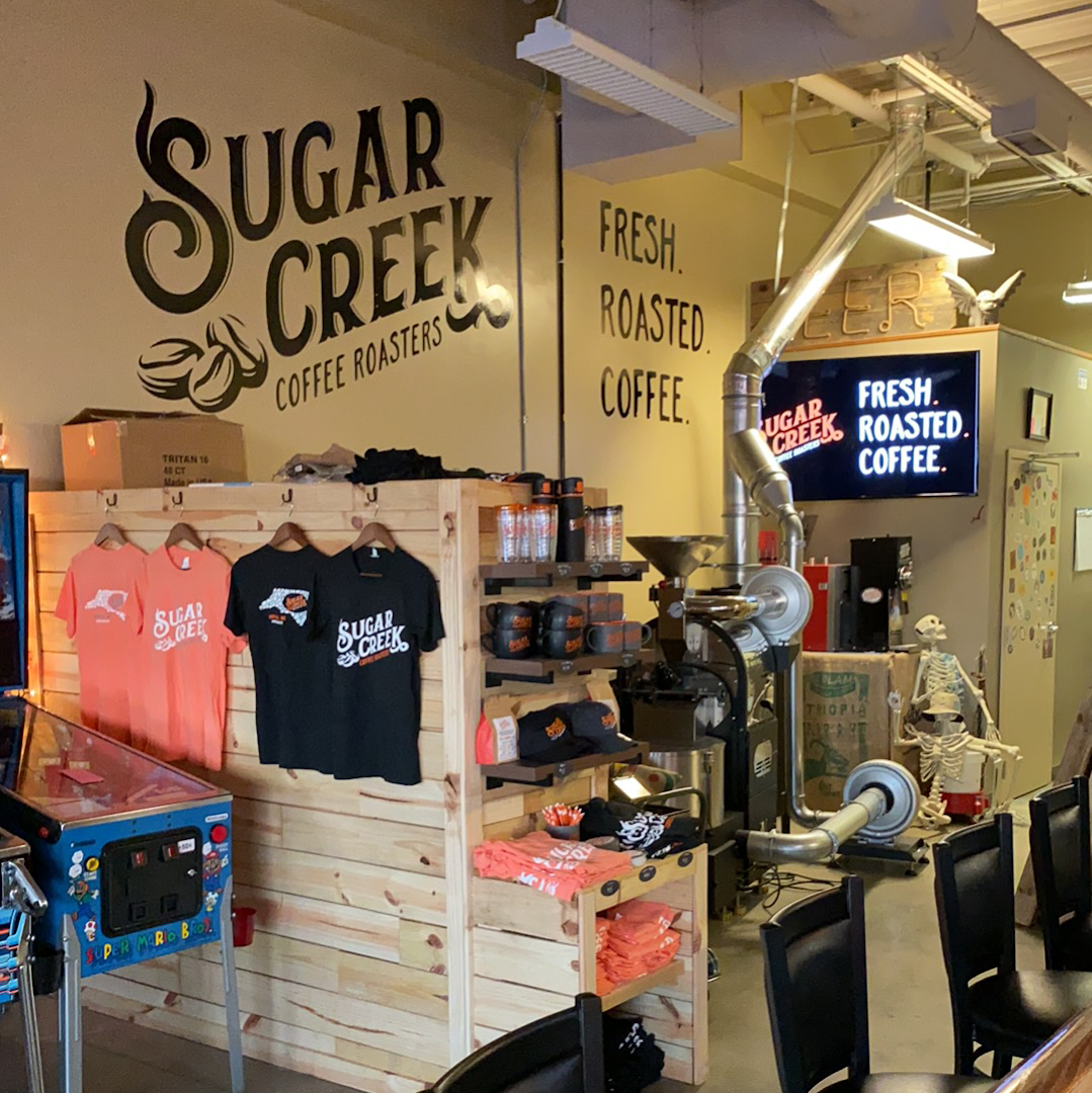 Interior of Sugar Creek Coffee Roasters, specialty coffee shop in Charlotte