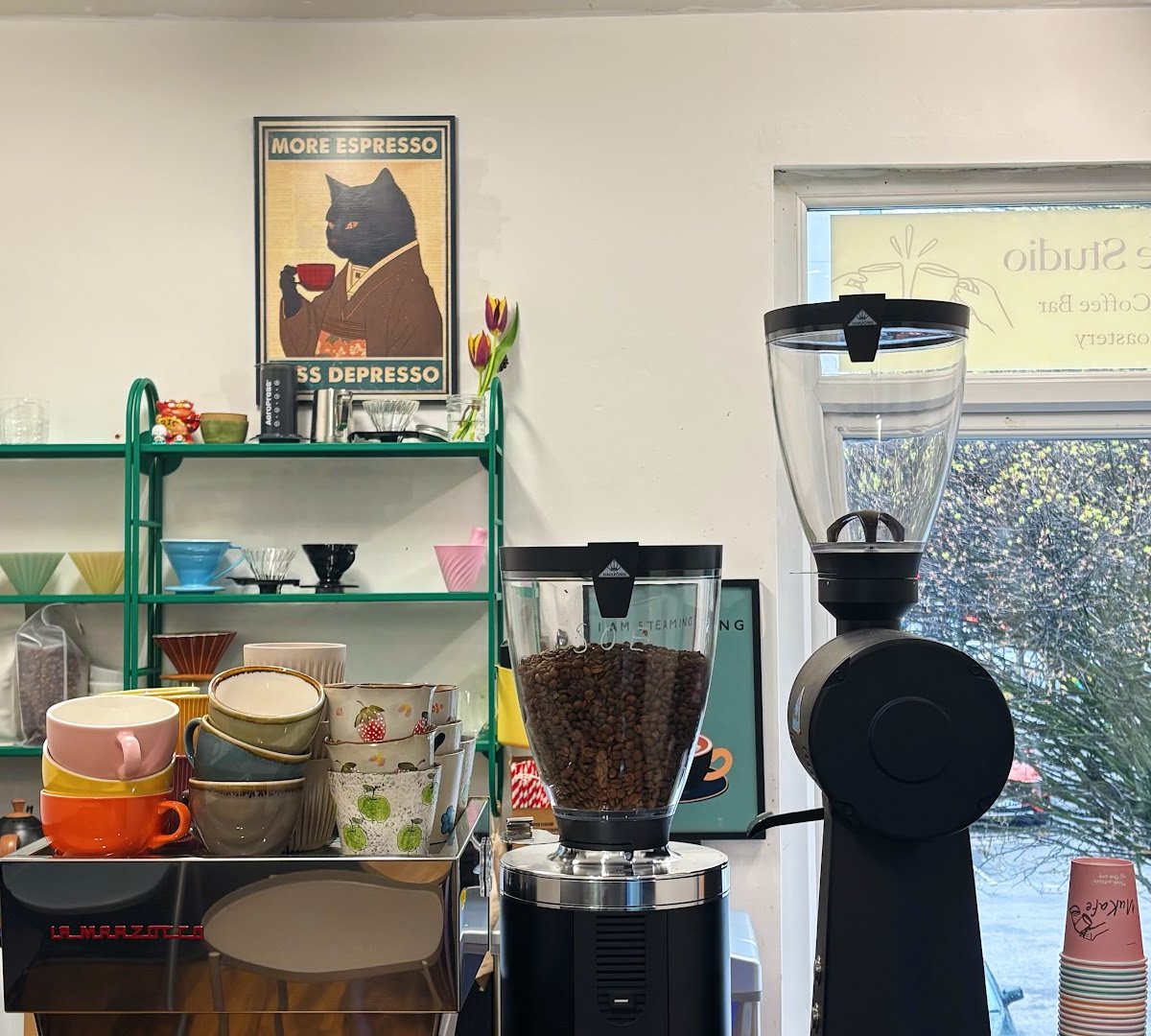 Interior of Mukafe Studio, specialty coffee shop in Manchester