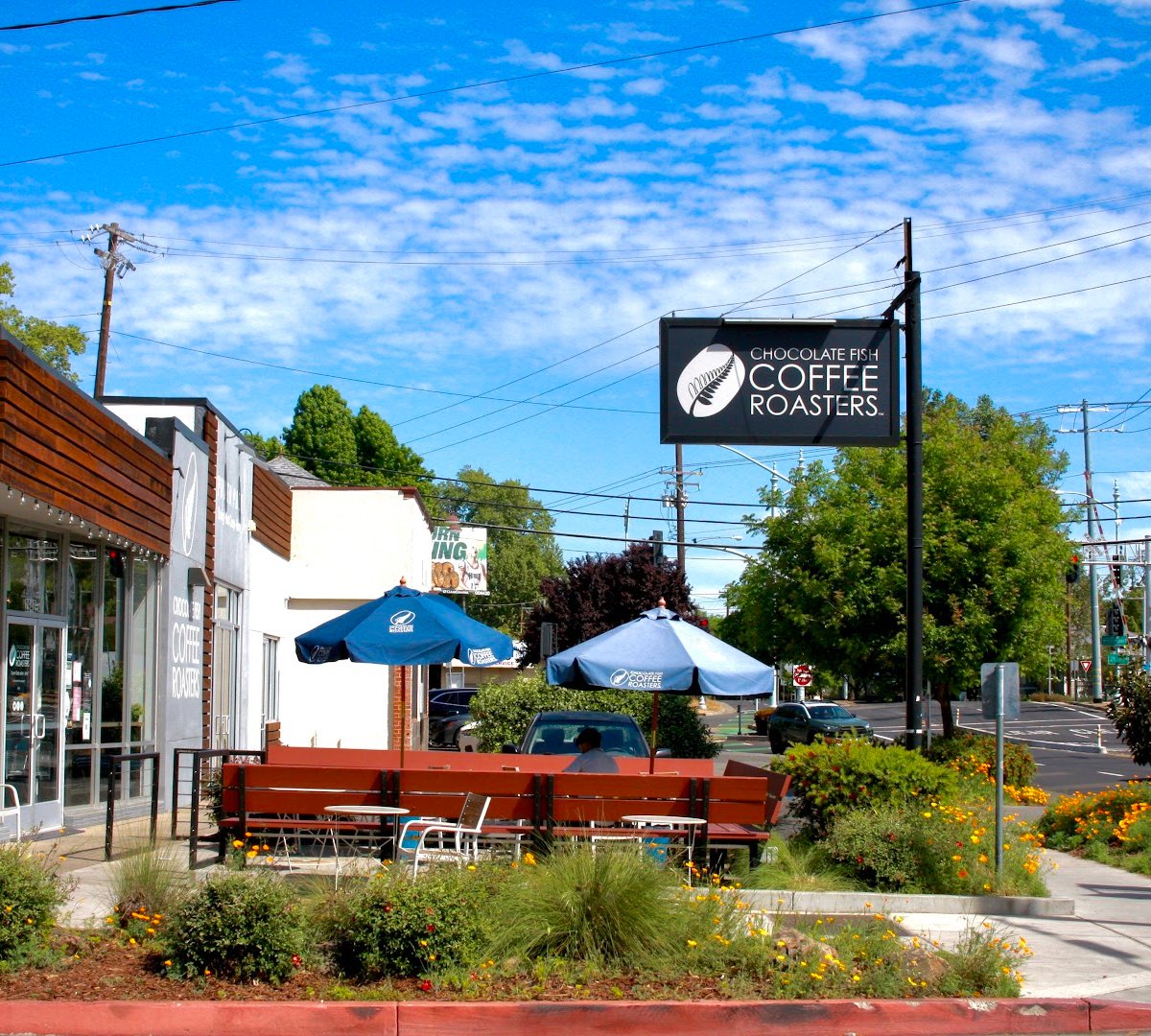 Storefront of Chocolate Fish Coffee Roasters, specialty coffee shop in Sacramento
