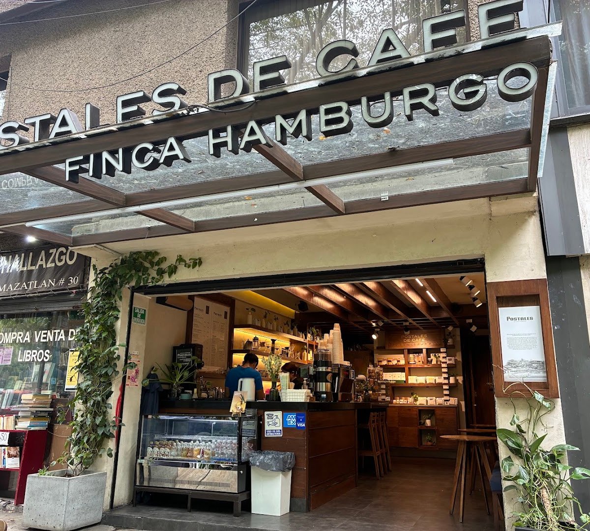 Storefront of Postales de Café, specialty coffee shop in Mexico City