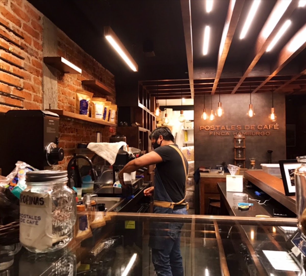Interior of Postales de Café, specialty coffee shop in Mexico City