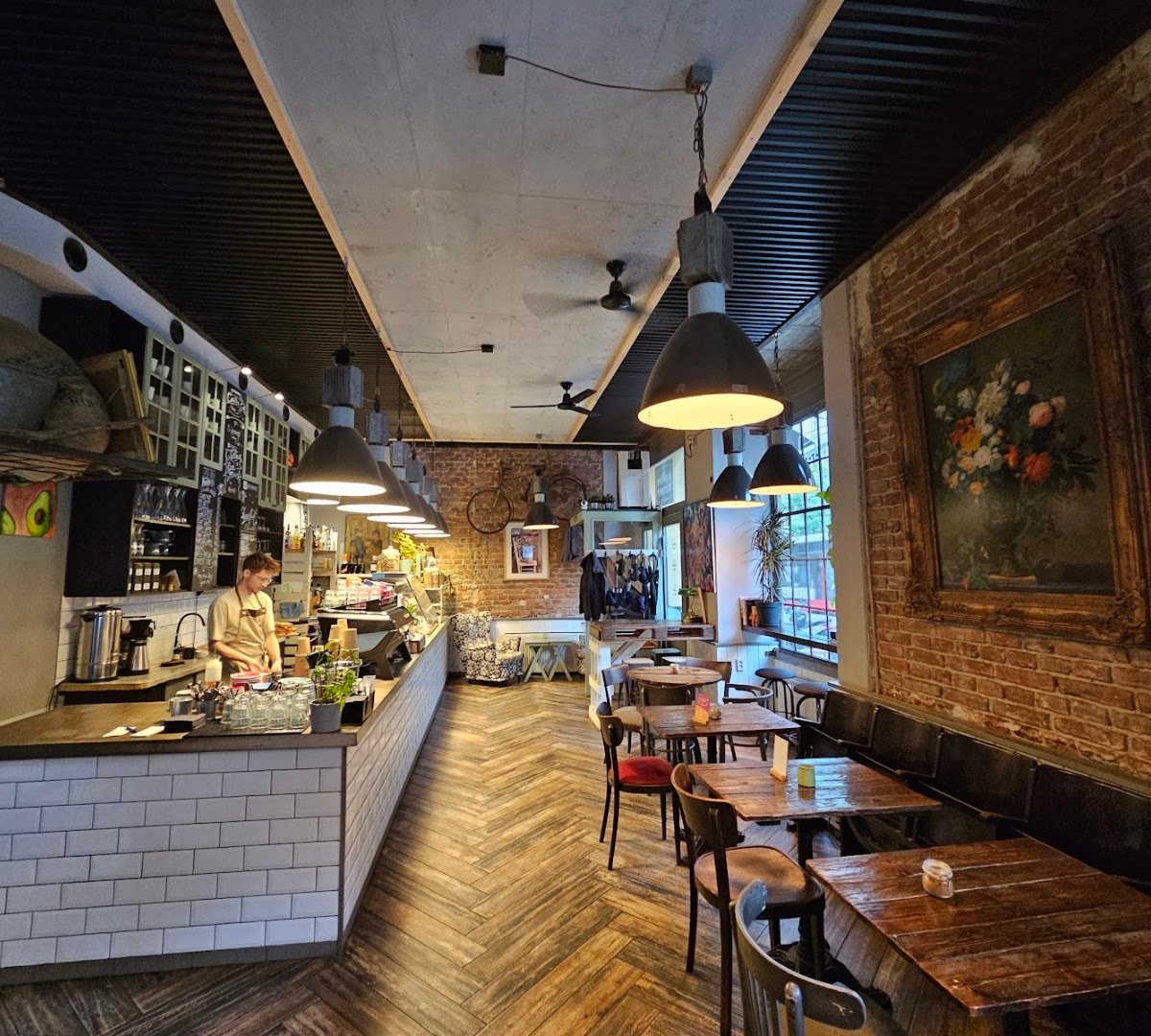 Interior of coffee corner bakery, specialty coffee shop in Prague
