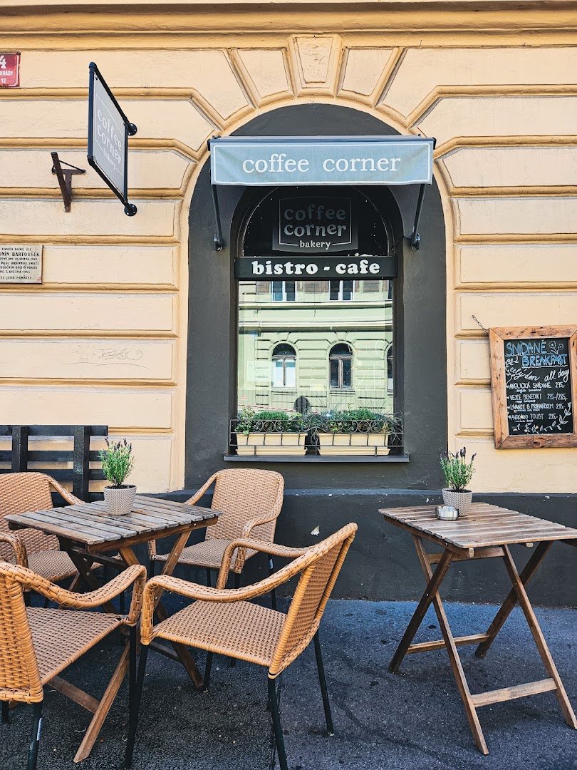 Storefront of coffee corner bakery, specialty coffee shop in Prague