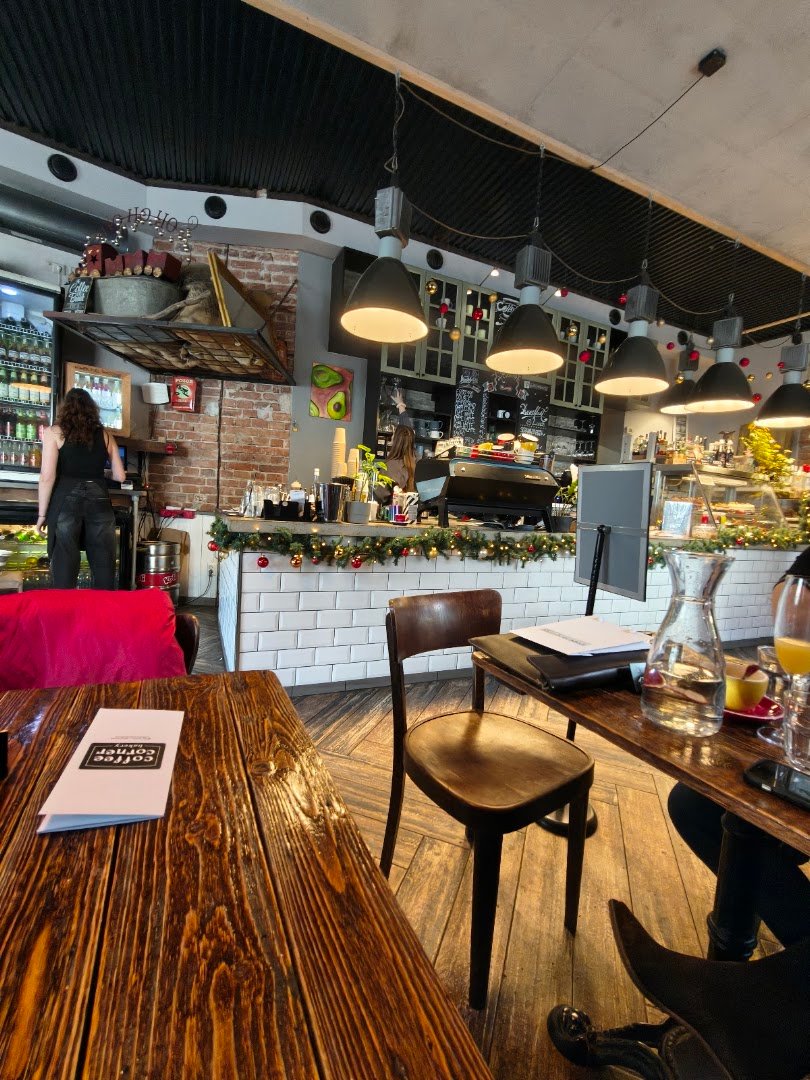 Interior of coffee corner bakery, specialty coffee shop in Prague