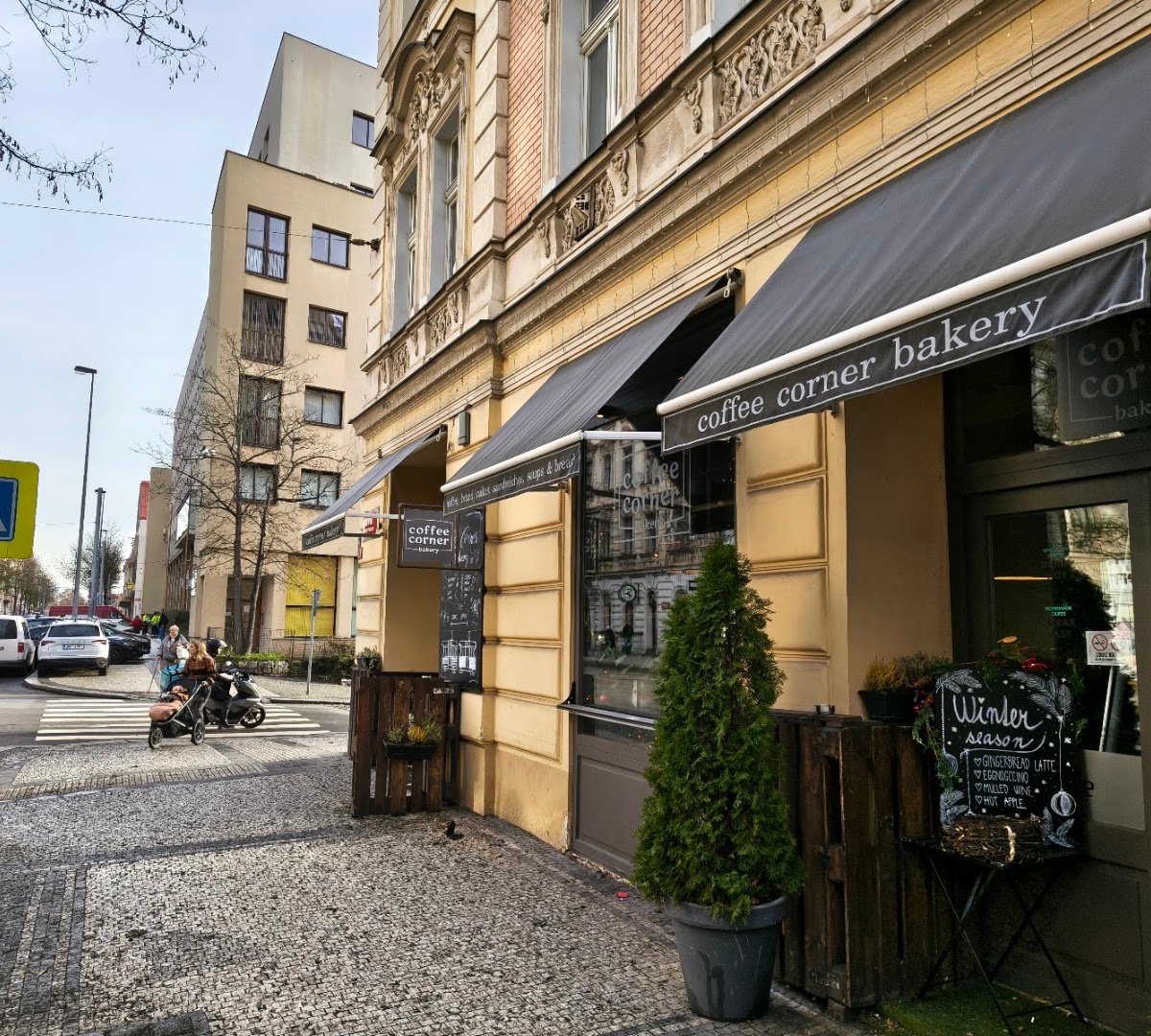 Storefront of coffee corner bakery, specialty coffee shop in Prague