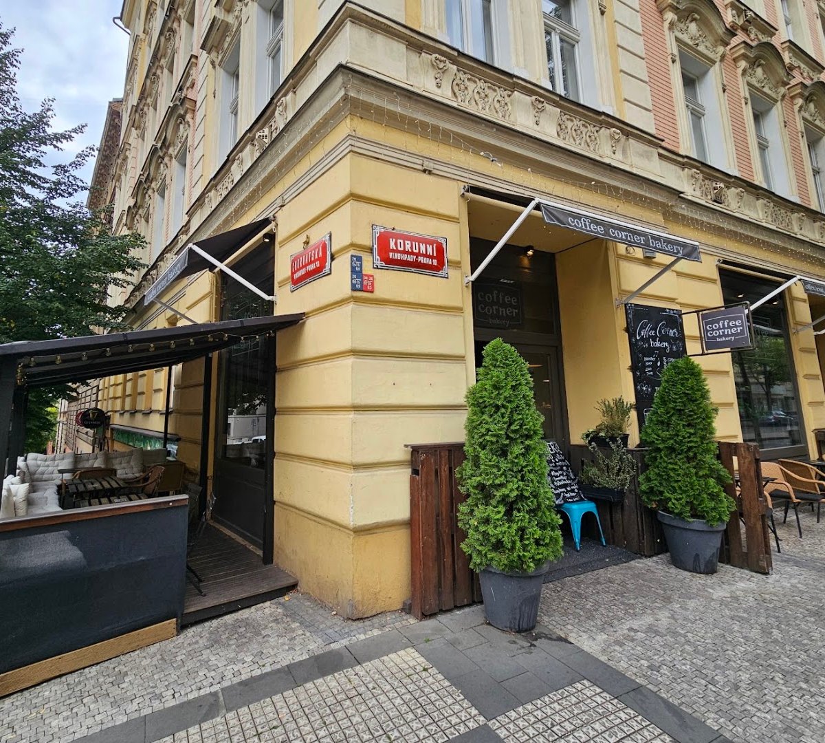 Storefront of coffee corner bakery, specialty coffee shop in Prague