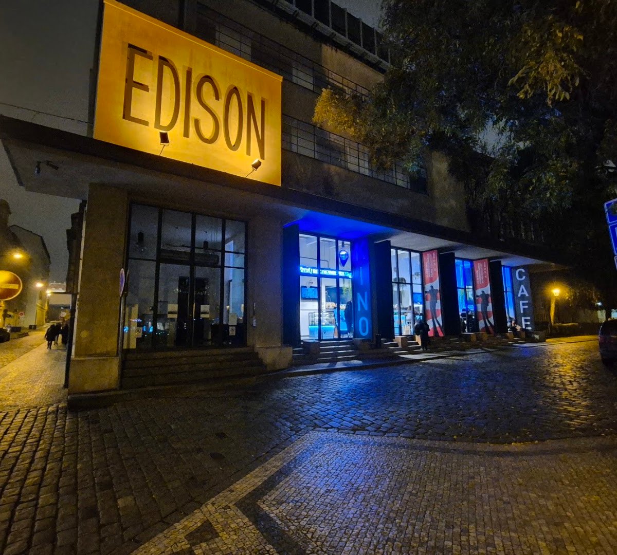 Storefront of Edison Filmhub, specialty coffee shop in Prague