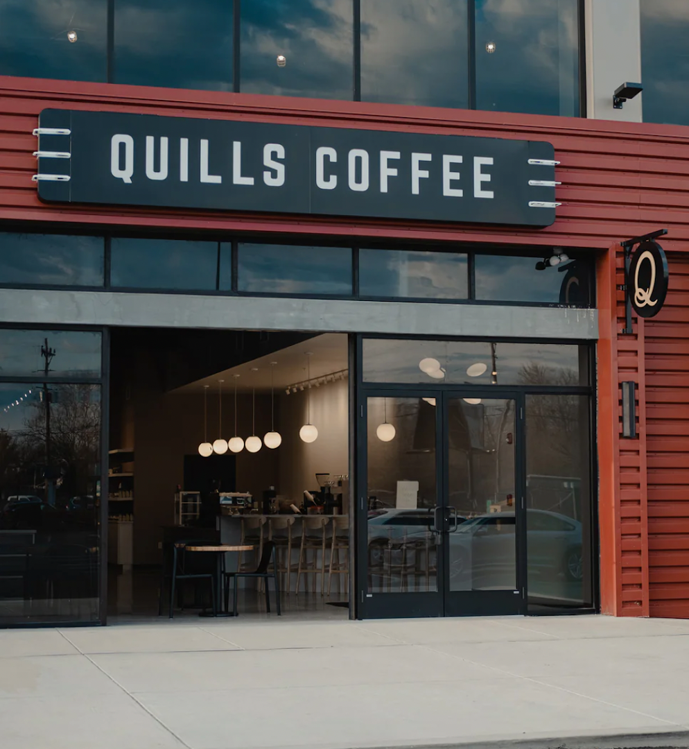 Storefront of Quills Coffee, specialty coffee shop in Louisville