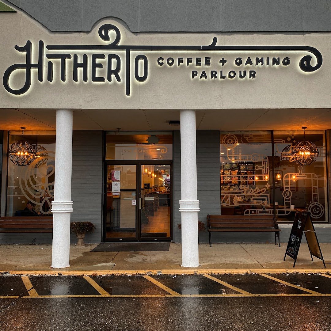 Storefront of Hitherto Coffee and Gaming Parlour, specialty coffee shop in Indianapolis