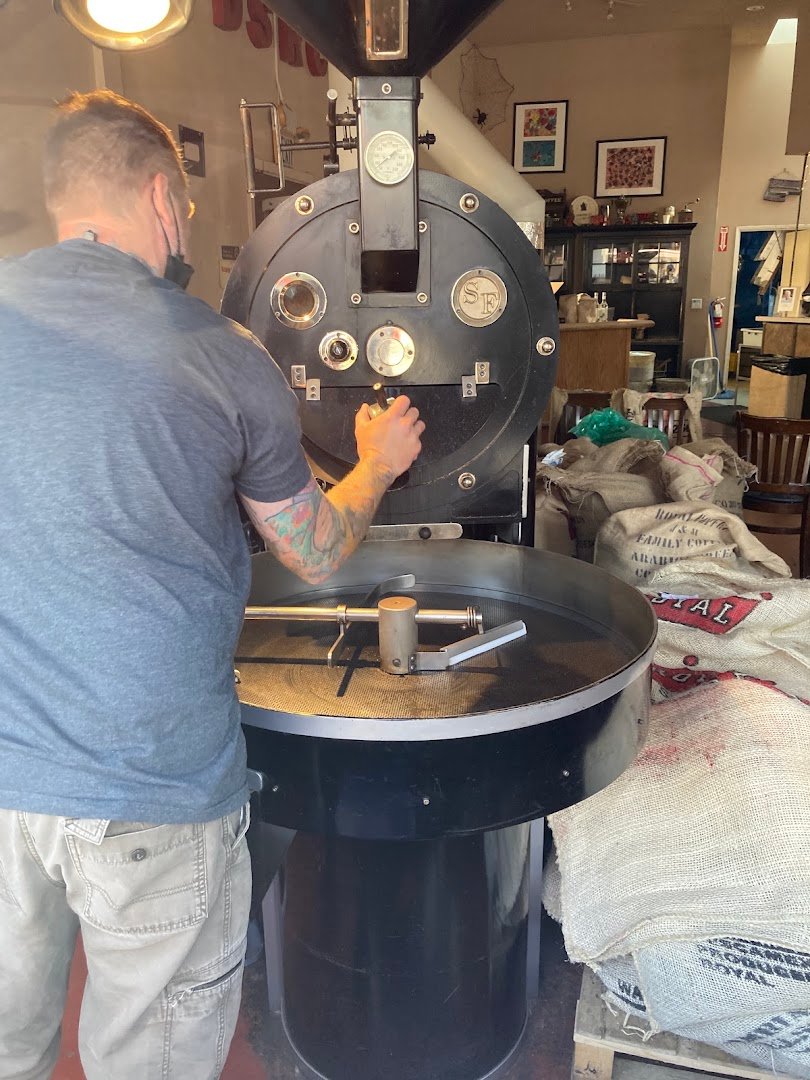 Interior of Dana Street Roasting Company, specialty coffee shop in San Jose