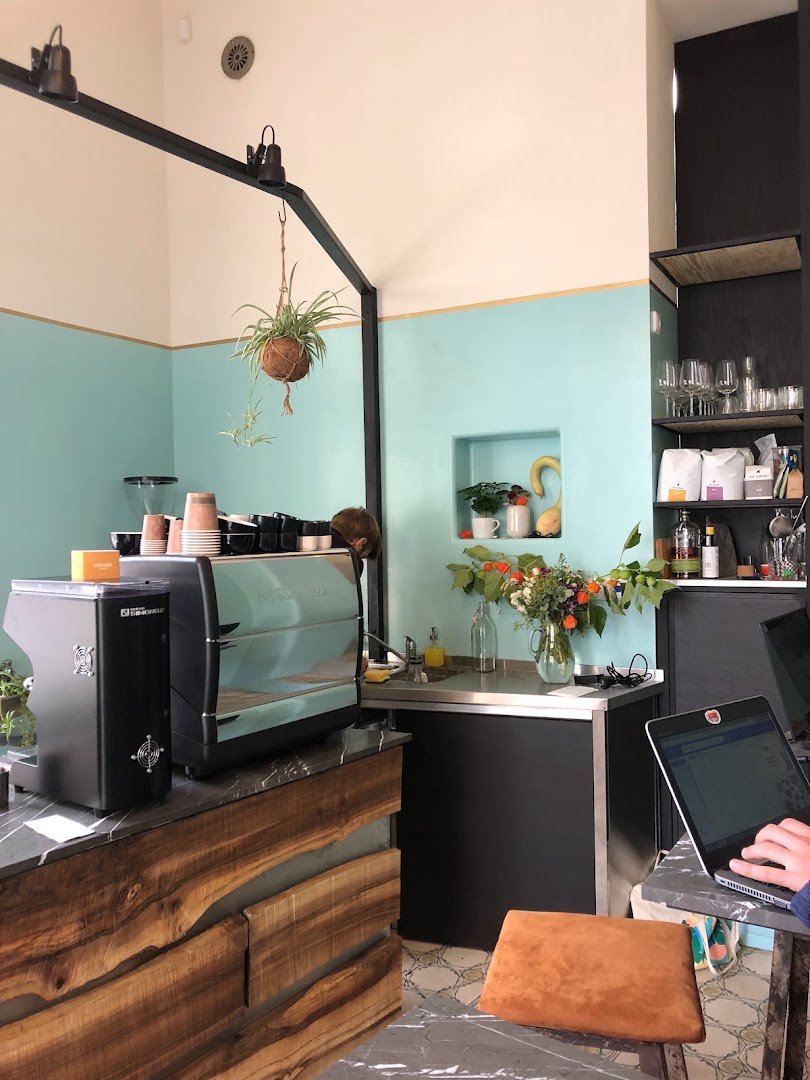 Interior of Letec espresso bar, specialty coffee shop in Prague