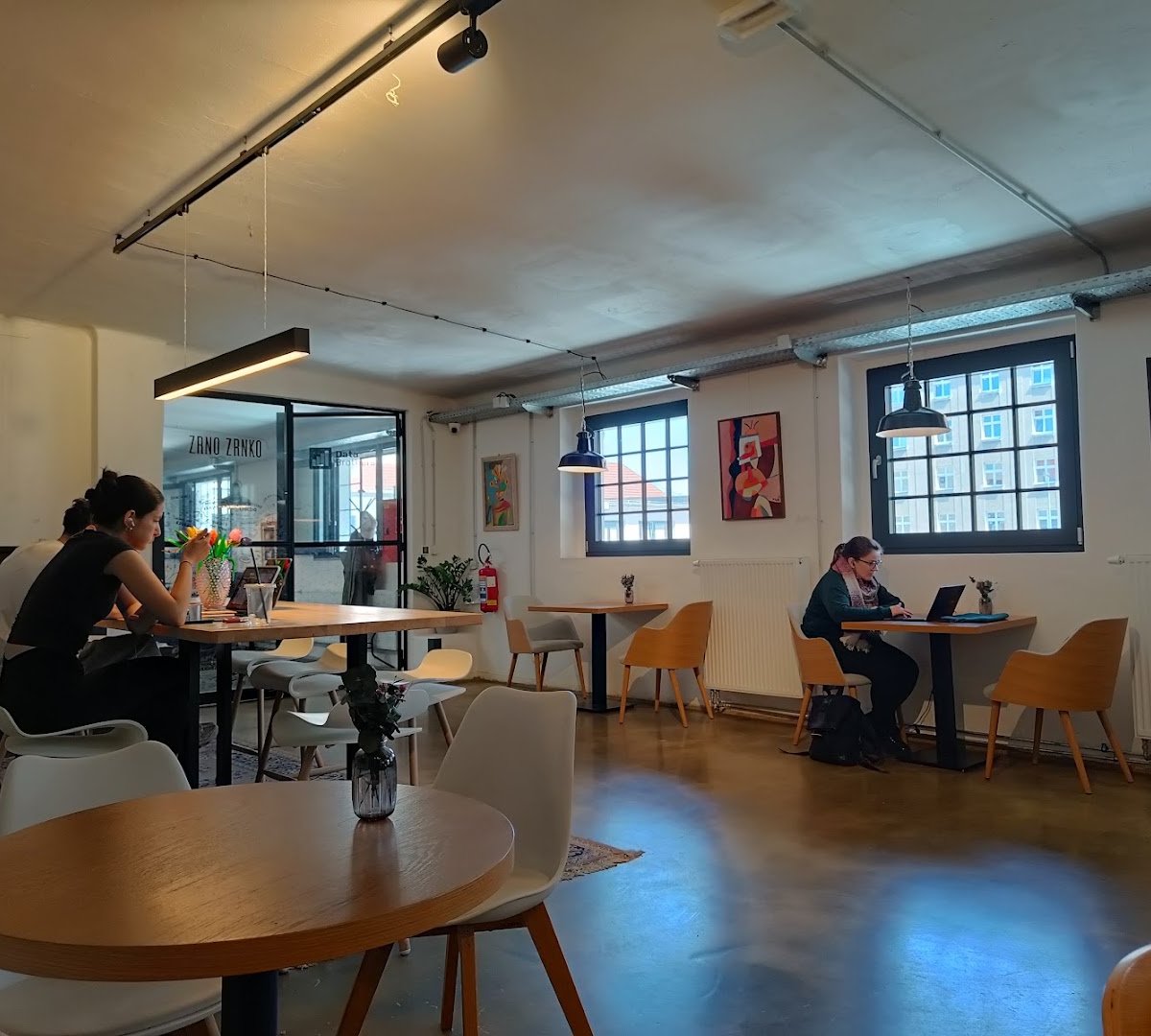 Interior of Zrno Zrnko Čestmírova, specialty coffee shop in Prague