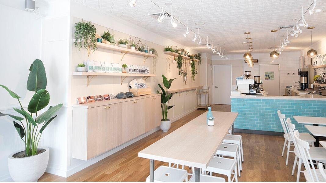 Interior of Bluestone Lane Jersey City Coffee Shop, specialty coffee shop in New York