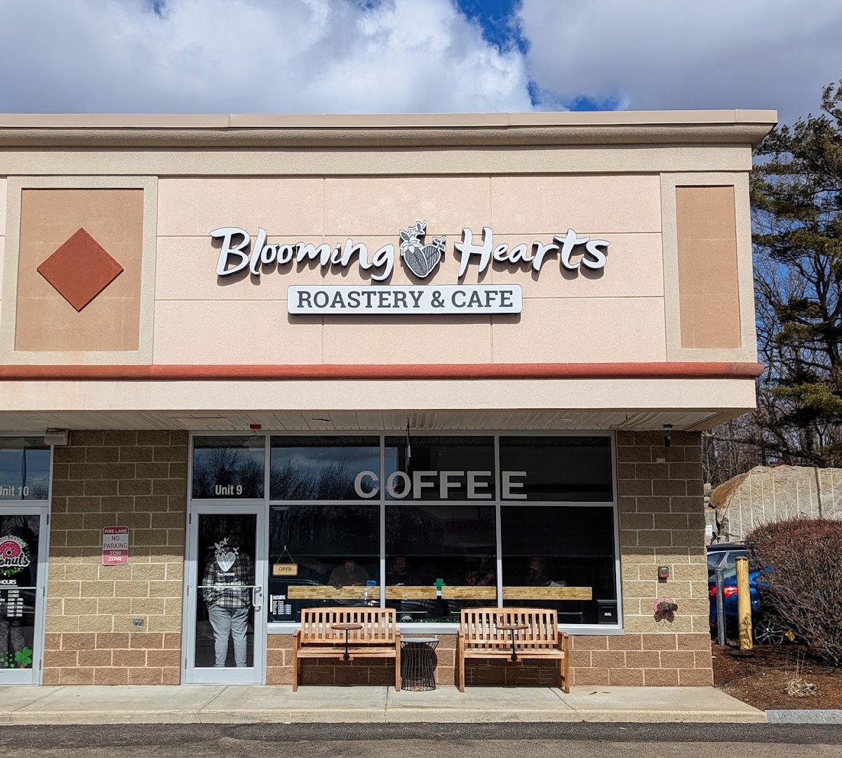 Storefront of Blooming Hearts Roastery & Cafe, specialty coffee shop in Worcester