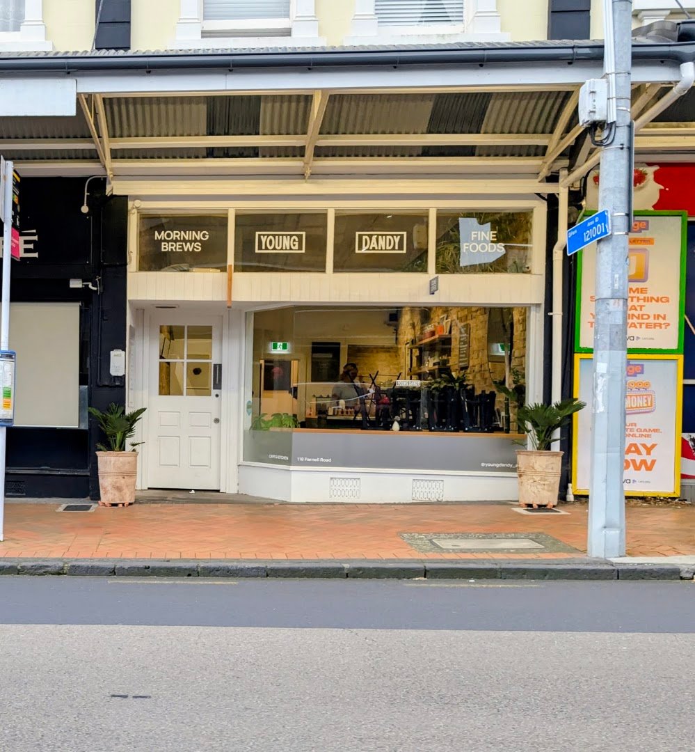 Storefront of Young Dandy Cafe, specialty coffee shop in Auckland