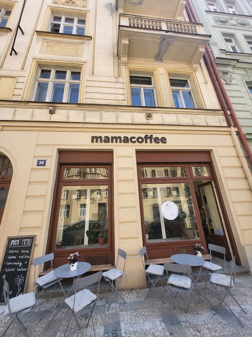 Storefront of mamacoffe Jaromírova, specialty coffee shop in Prague