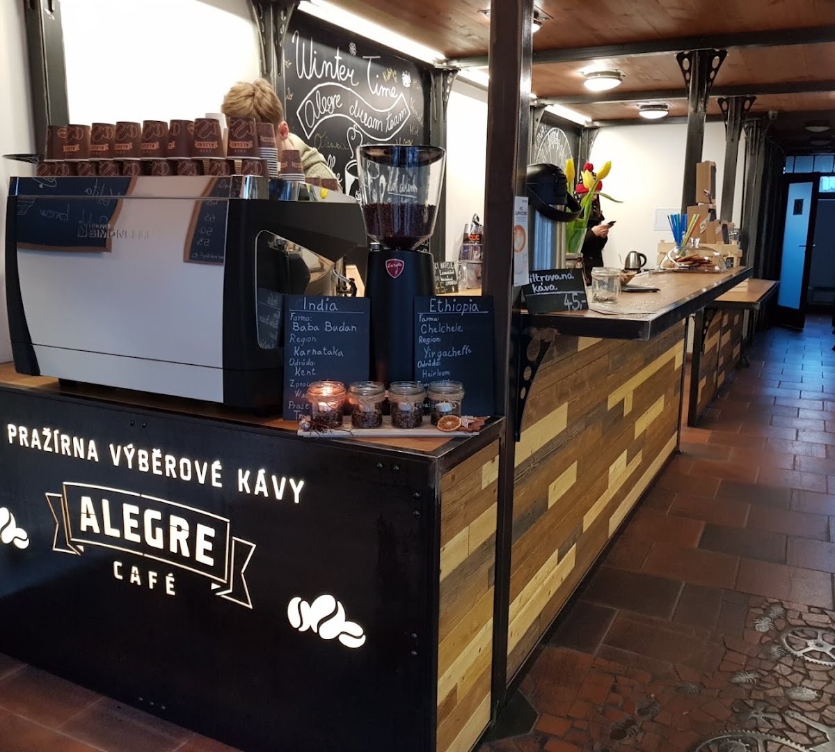 Interior of Café Alegre, specialty coffee shop in Prague