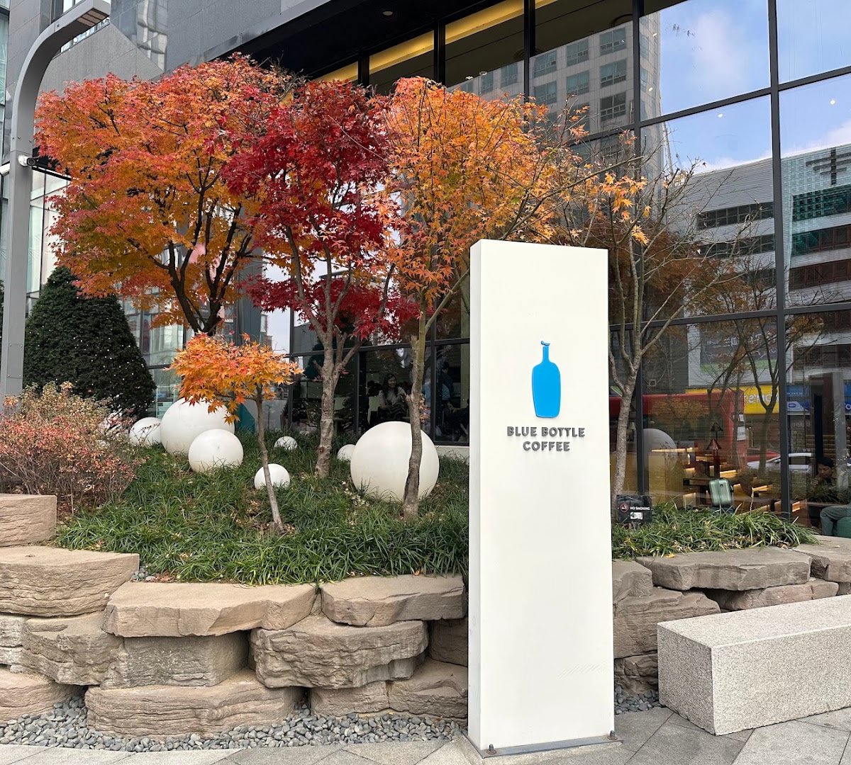 Storefront of Blue Bottle Hongdae Cafe, specialty coffee shop in Seoul