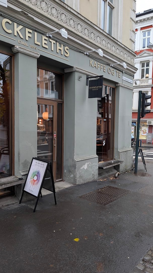 Storefront of Stockfleths, specialty coffee shop in Oslo