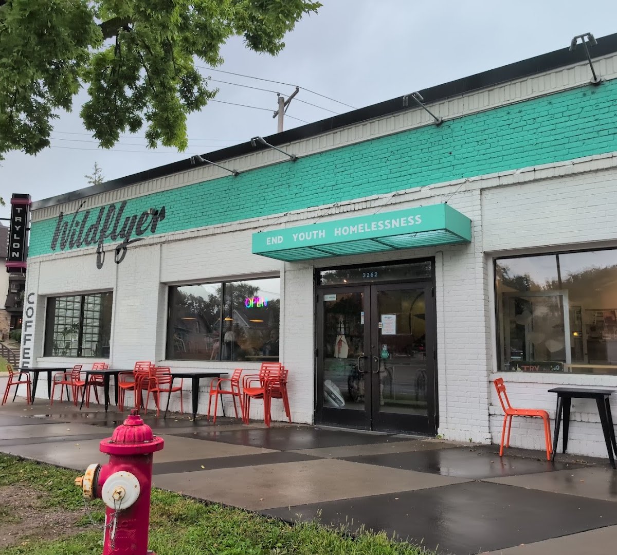 Storefront of Wildflyer Coffee, specialty coffee shop in Minneapolis