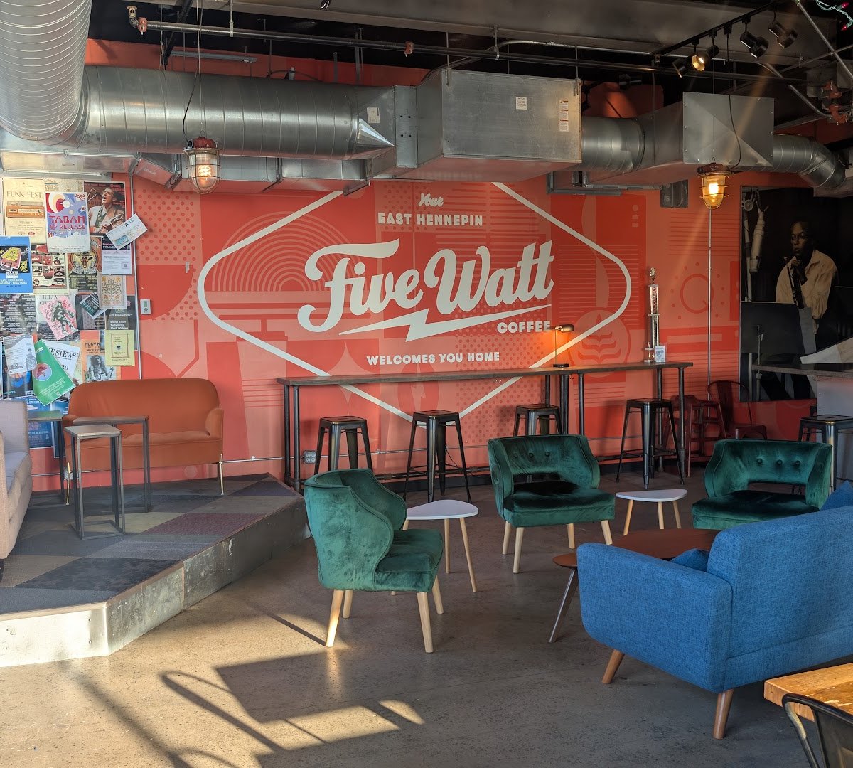Interior of Five Watt Coffee, E. Hennepin, specialty coffee shop in Minneapolis