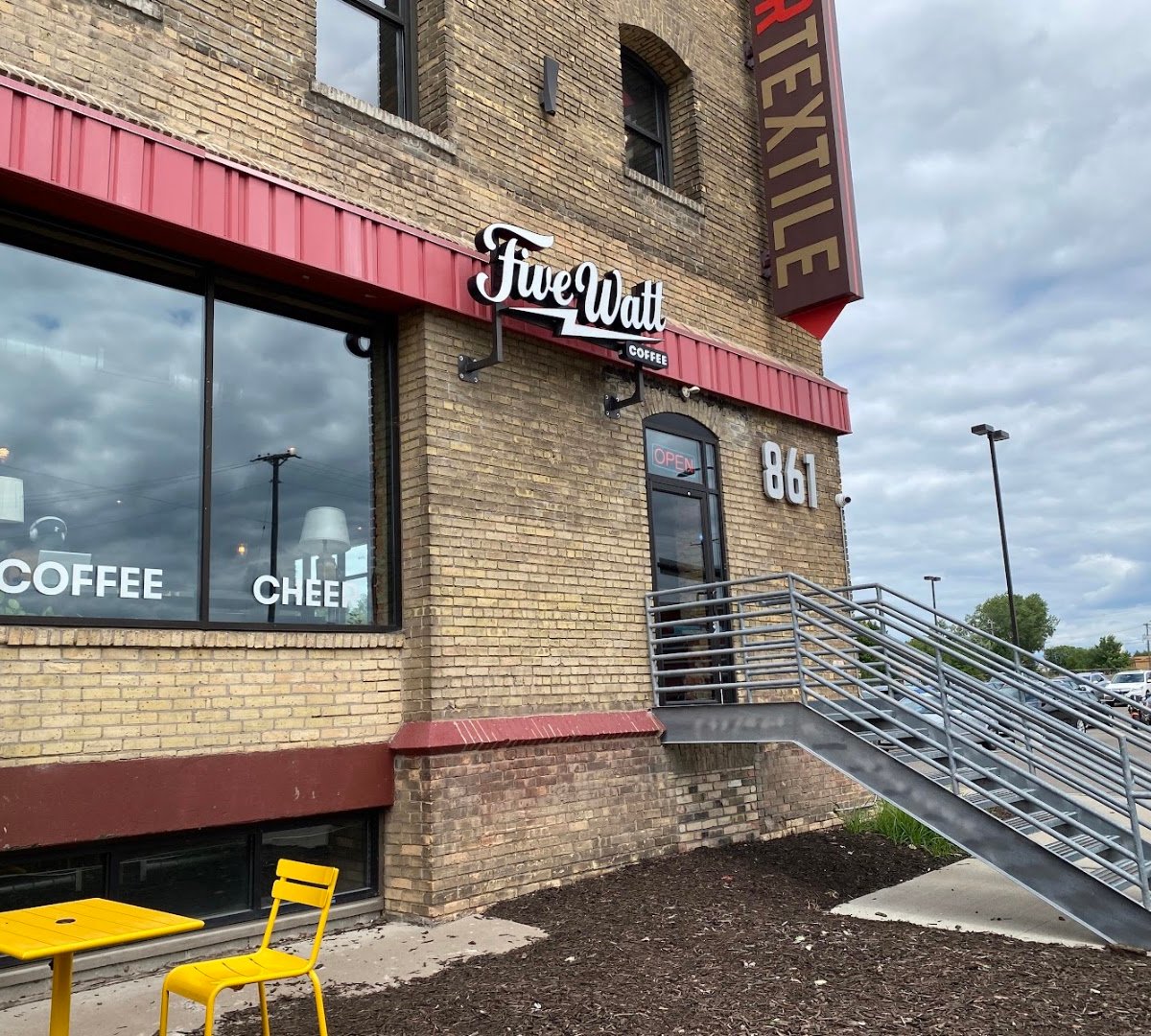 Storefront of Five Watt Coffee, E. Hennepin, specialty coffee shop in Minneapolis