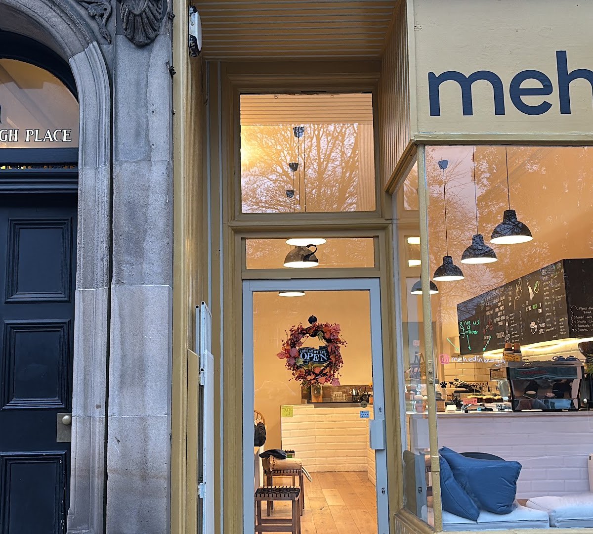 Storefront of Meh., specialty coffee shop in Edinburgh