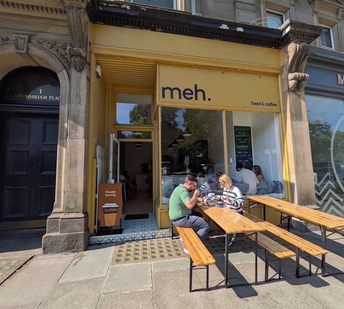 Storefront of Meh., specialty coffee shop in Edinburgh