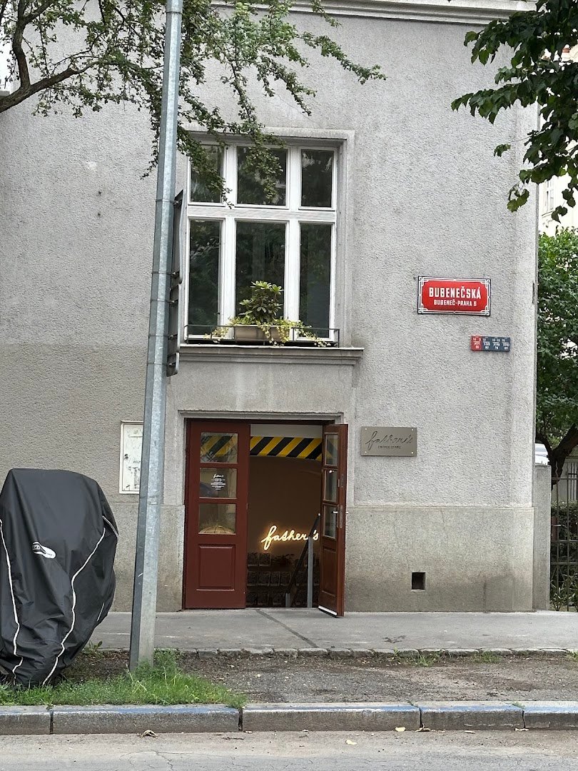 Storefront of Father's Coffee Store, specialty coffee shop in Prague