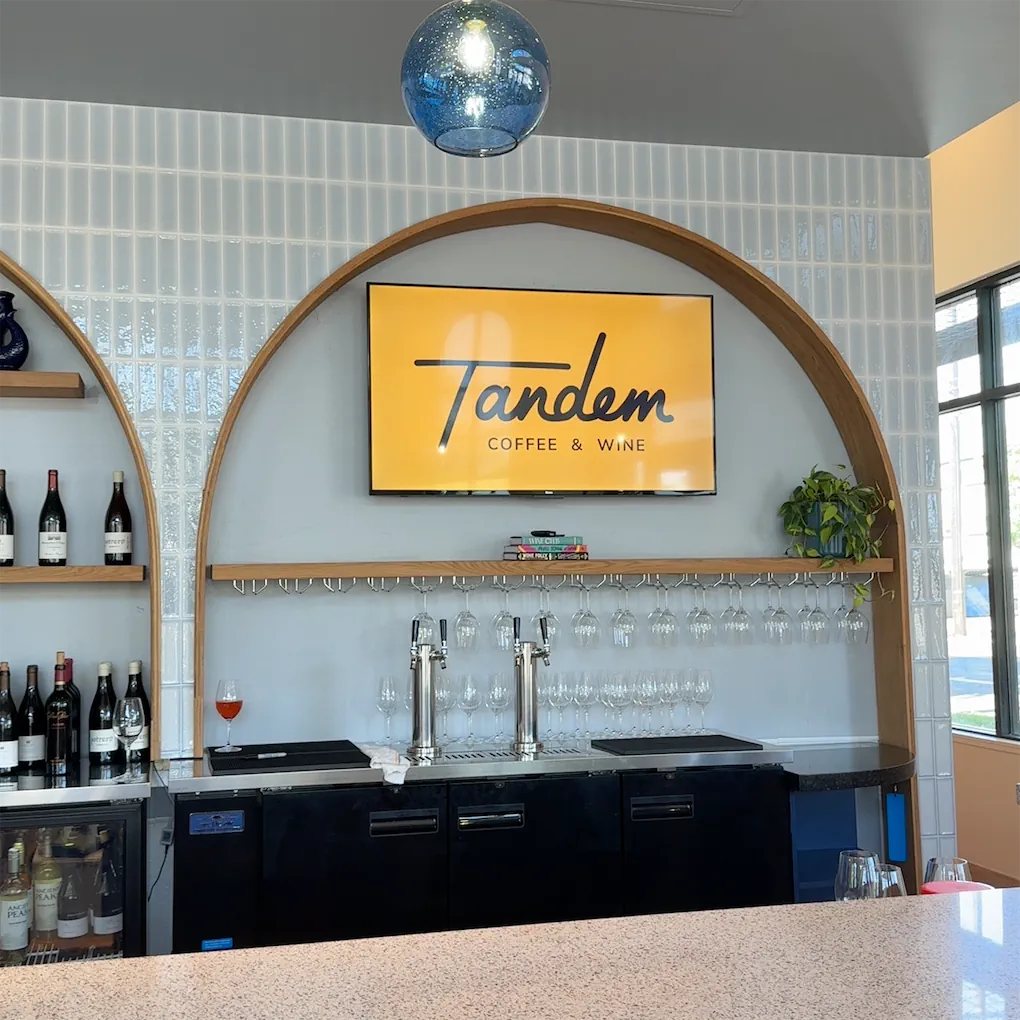 Signage at Tandem Coffee & Wine, specialty coffee shop in Sacramento
