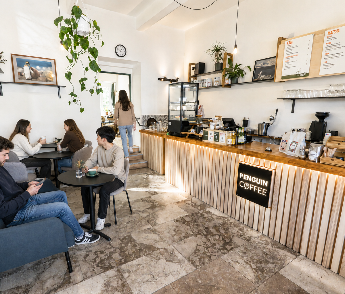 Interior of Penguin Coffee Strašnice, specialty coffee shop in Prague